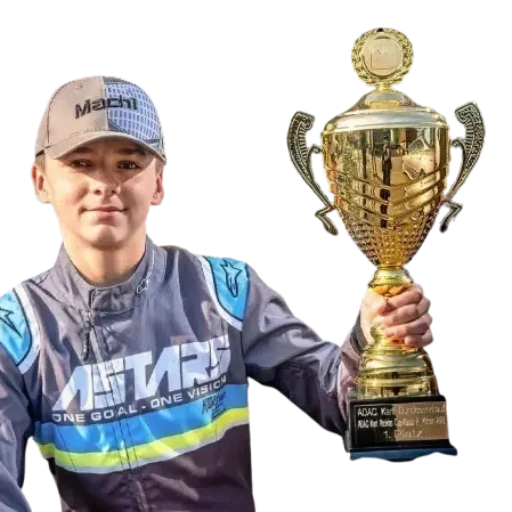 Henry Melchior Go-Kart champion holding a trophy in front of his kart